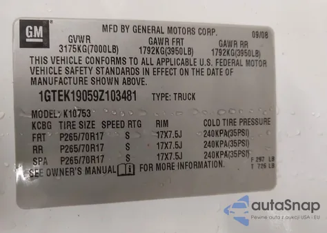 2009 GMC Sierra 1500 Work Truck из США, поврежденный, VIN 1GTEK19059Z103481